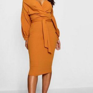 Boohoo Off the Shoulder Wrap Midi Dress